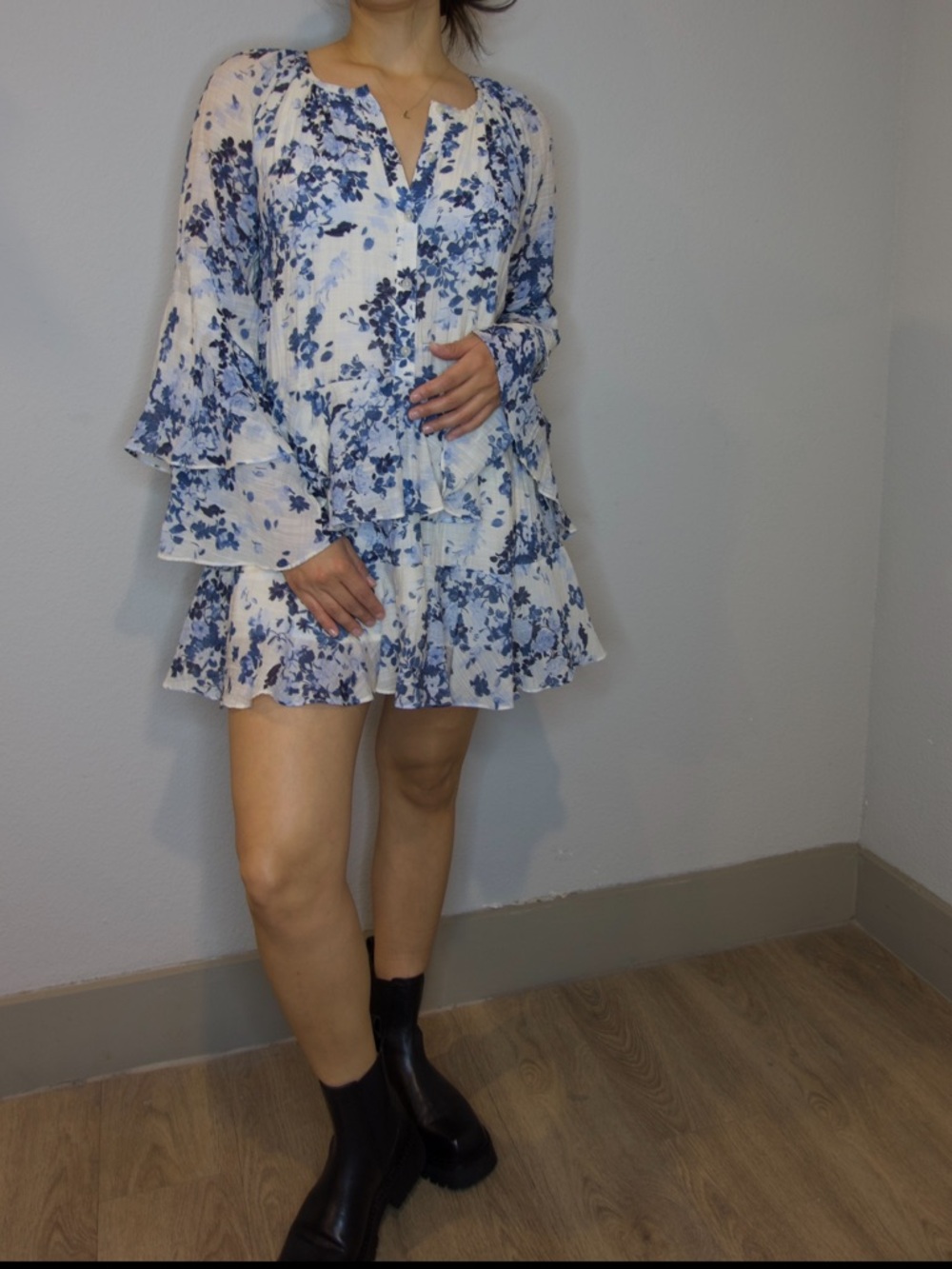 Maeve White Mini Dress with Blue Floral Print